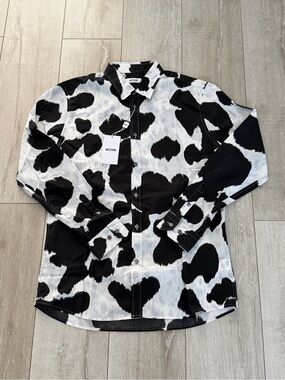 Men 42 Moschino Black & White Cow Spot Button-Down long sleeve Shirt